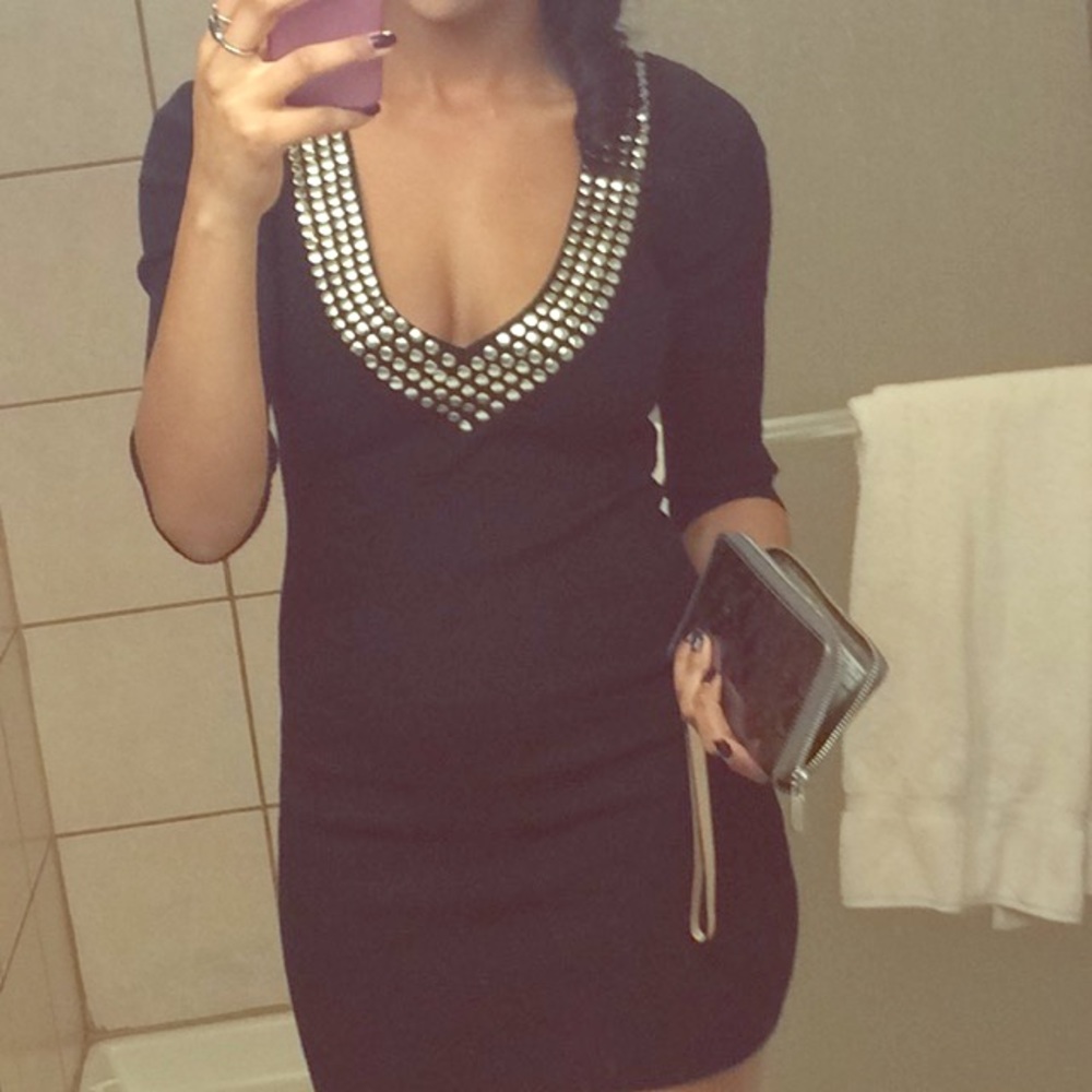 Black 3/4 Sleeve Dress with Silver Accents